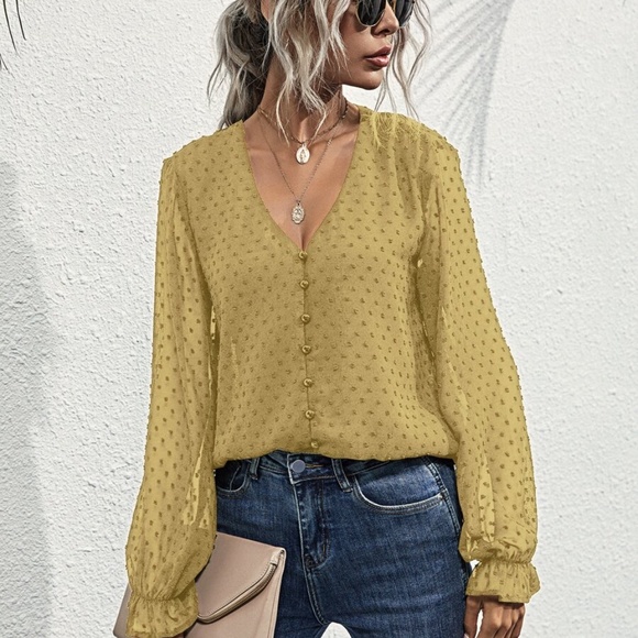 swiss dot v neck button chiffon long sleeve top - Picture 8 of 16